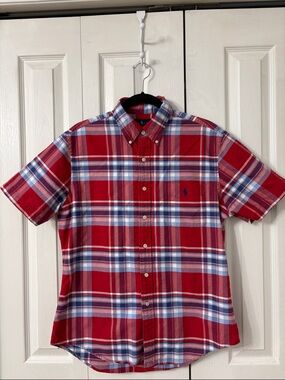 Polo Ralph Lauren Slim Fit Plaid Oxford Shirt Short Sleeve Chest Pocket Sz L